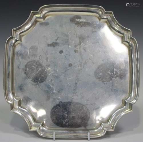 A George V silver square card salver with shaped corners, Birmingham 1928 by Hukin & Heath, width