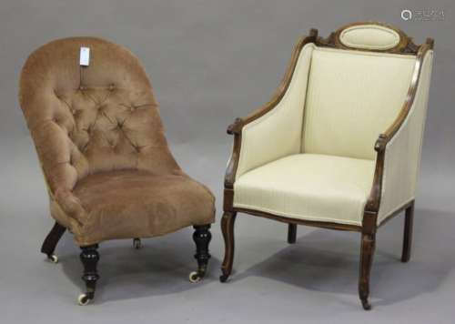 A late Victorian buttoned back nursing chair, raised on turned baluster legs and china castors,