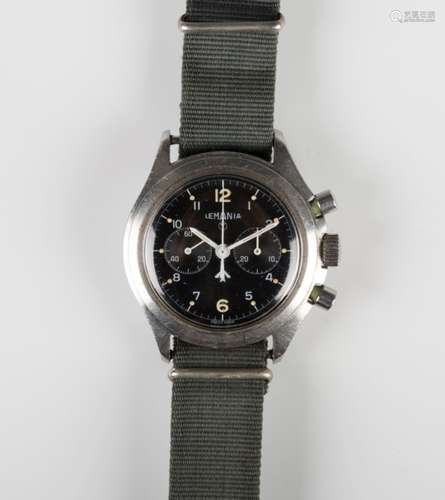 A rare Lemania MoD issue Royal Navy pilot's stainless steel cased 'Double Button' chronograph