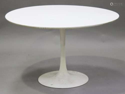 A white melamine and alluminium tulip table, after a design by Eero Saarinen, the circular top