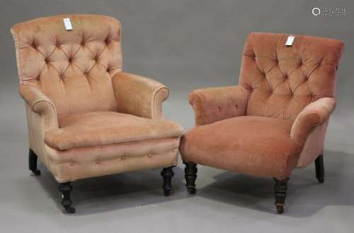 Two similar Edwardian scroll armchairs, each upholstered in pink velour, on turned legs, height