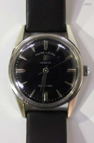 A Favre-Leuba Genève Sea-King stainless steel cased gentleman's wristwatch, the signed black dial