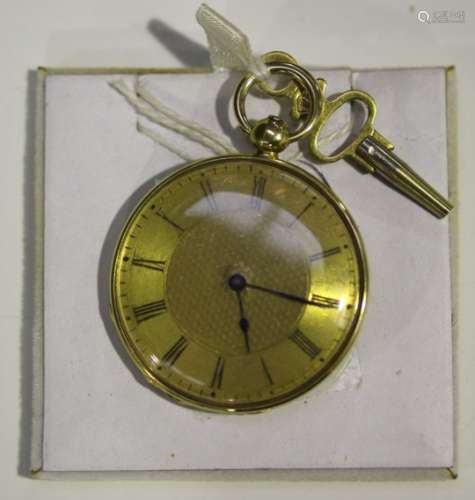 A gold cased keywind open-faced lady's fob watch with unsigned gilt cylinder movement, gold inner