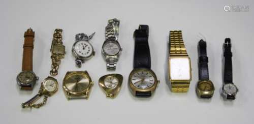 A group of ten gentlemen's and ladies' wristwatches, including a silver circular cased wristwatch,
