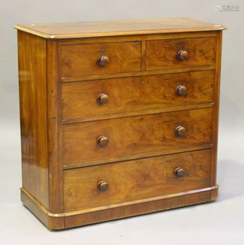 A late Victorian mahogany chest of two short and three long drawers, on a plinth base, height 107cm,