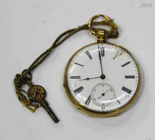 A gold keywind open-faced gentleman's pocket watch with gilt lever movement, the enamelled dial with
