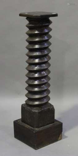 A 19th century French walnut pedestal, constructed from a large mechanical screw, height 124cm.