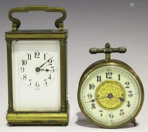 An early 20th century French brass cased carriage timepiece, height 14.5cm, together with a brass