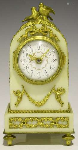 A late 19th/early 20th century French ormolu and white marble mantel timepiece, the drum cased