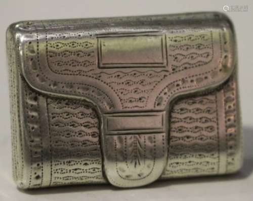 A George III silver rectangular vinaigrette in the form of a purse with engraved decoration, the