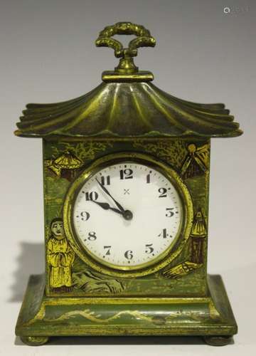 An early 20th century chinoiserie cased mantle timepiece with German movement, the enamel dial