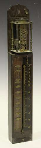 A late 19th century Japanese shitan wood cased shaku-dokei pillar clock, the brass movement with