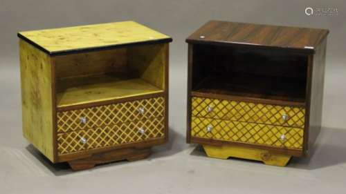 A pair of Art Deco style walnut and maple veneered bedside cabinets, each with an open shelf above