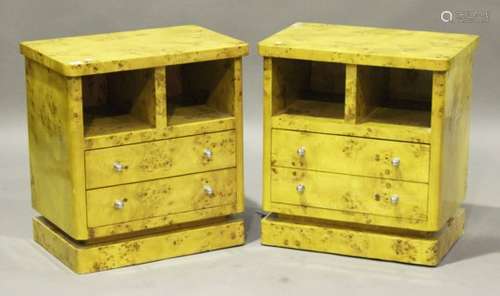 A pair of Art Deco style maple veneered bedside cabinets, each with two open shelves above two