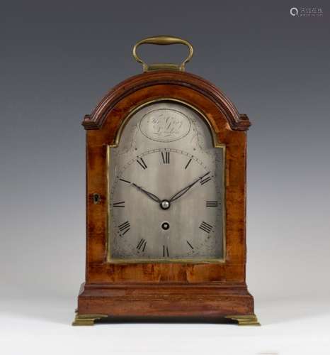 A George III mahogany bracket timepiece, the brass single fusee movement with verge escapement,