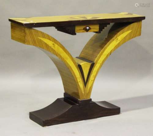 An Art Deco style walnut and maple veneered console table of 'Y' form, height 91cm, width 120cm,