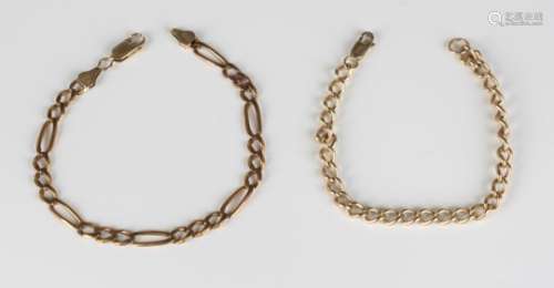 A 9ct gold Figaro link bracelet on a sprung hook shaped clasp, length 21.5cm, and a gold curblink