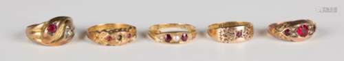 A late Victorian 18ct gold, ruby and half-pearl ring, Birmingham 1895, a late Victorian 15ct gold,