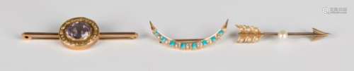 A gold, turquoise and colourless gem set brooch, designed as a crescent, width 4.3cm, a gold and
