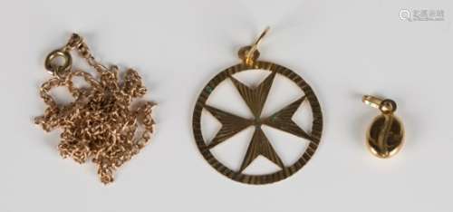 A 9ct gold pendant, designed as a Maltese cross, length 3.2cm, a 9ct gold charm, designed as a