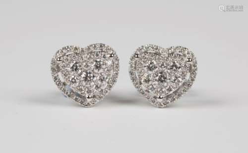 A pair of 18ct white gold and diamond heart shaped cluster earstuds, each pavé set with circular cut