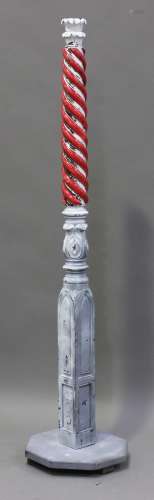 A 19th century and later painted and carved mahogany bedpost torchère of spiral fluted and Gothic