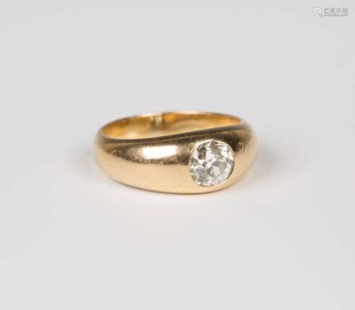 A gold and diamond single stone ring, gypsy set with a cushion shaped diamond, detailed '750',