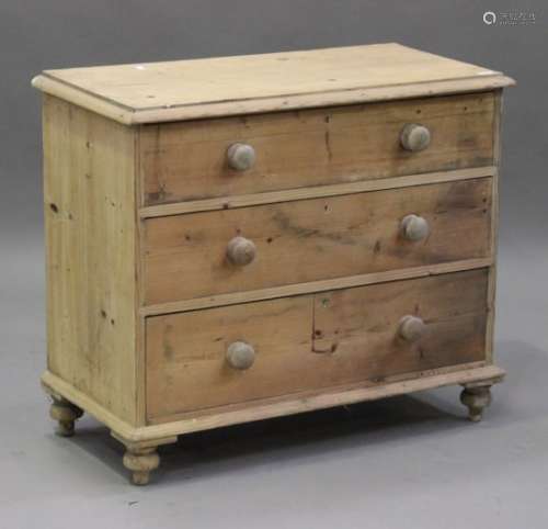 A Victorian stripped pine chest of two short and two long drawers, on turned feet, height 81cm,