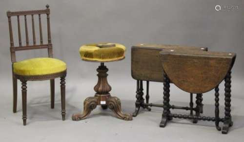 A 19th century walnut revolving piano stool, a French bedroom chair and two 'baby' Sutherland tables