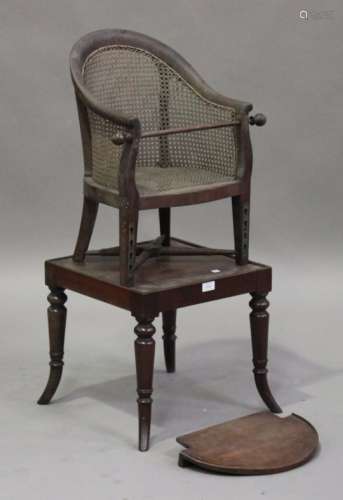 A 19th century mahogany child's high chair with caned seat and back, on turned legs, height 96cm,