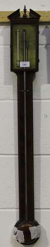 A George III mahogany stick barometer, the brass rectangular dial with vernier scale, mercury