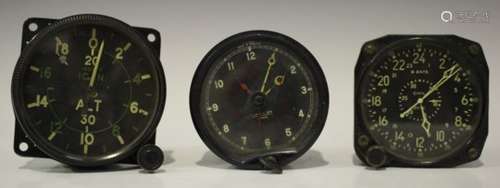 An S. Smith & Sons aircraft cockpit clock, the signed black dial with white Arabic hours and