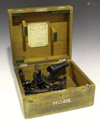 A mid-20th century MoD issue black enamelled brass sextant by Kelvin & Hughes, No. 66014,