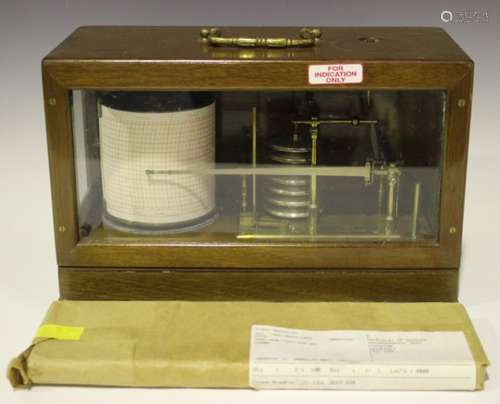 A mid-20th century mahogany cased barograph, the lacquered brass recording drum and mechanism