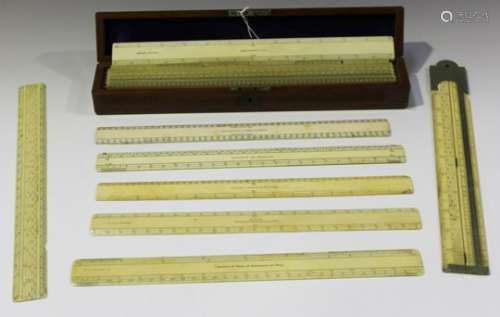 A selection of mainly late 19th century ivory technical drawing rules, including a nickel mounted