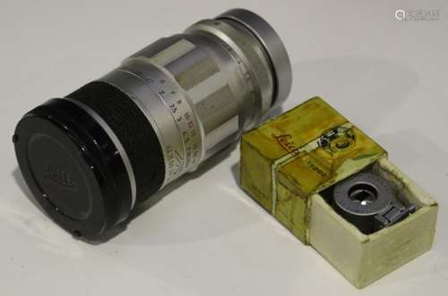 A Leitz Wetzlar Elmarit 1:2.8/90 lens, No. 1879243. together with a Leitz Shooc 13.5mm view