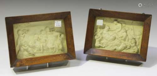 A pair of late 19th century cast plaster relief plaques, moulded with Bacchanalian scenes, mounted