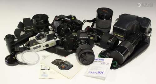 A Pentax P50 camera with Tokina 35-105mm 1:3.5-4.5 lens, a Minolta 5000 AF camera with 50mm 1:1.7 (