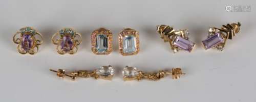 A pair of 9ct gold, amethyst and diamond earstuds and three further pairs of 9ct gold and gem set