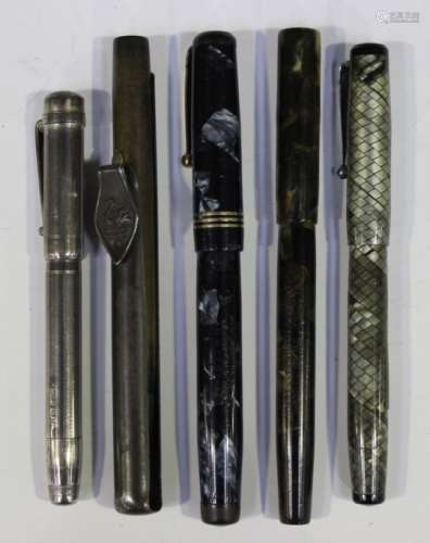 A group of four 'Swan' Mabie Todd & Co fountain pens, including a silver cased example with 14ct