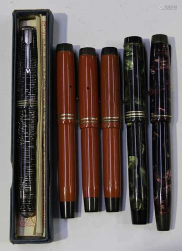 A group of six Parker fountain pens, comprising a Vacumatic with striped plastic case, boxed, two