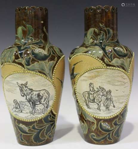 A pair of Doulton Lambeth stoneware vases, late 19th century, decorated by Florence and Hannah