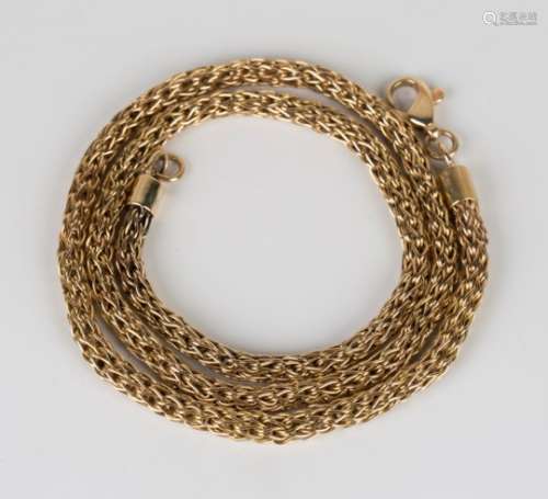 A gold multiple woven link neckchain on a sprung hook shaped clasp, detailed '14K', length 59cm.