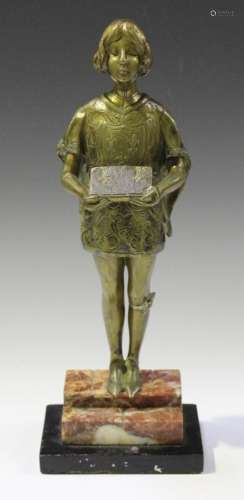Léon Noël Delagrange - a late 19th century gilt cast bronze figure of a medieval page boy holding
