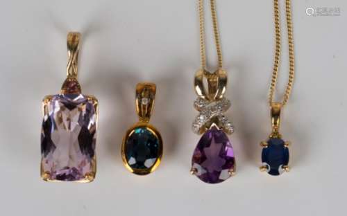 A 9ct gold pendant, claw set with a pear shaped amethyst with a diamond set surmount, length 2cm,