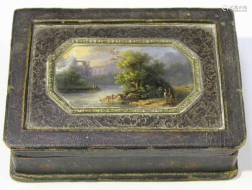 A 19th century papier-mâché and mirrored glass box, the top with a painted landscape, the