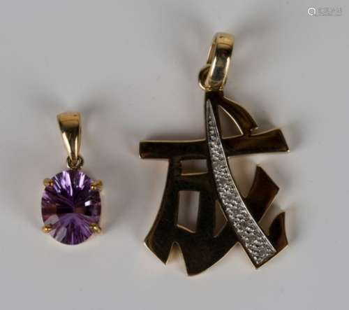 A 9ct gold and diamond set pendant, designed as an Asian character motif, length 3.7cm, and