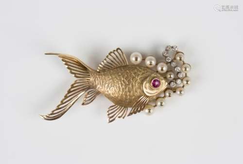 An Egyptian gold, platinum, diamond, ruby and cultured pearl brooch, designed as an exotic fish with