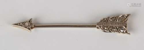 A rose cut diamond set jabot pin, circa 1920, designed as an arrow, length 3.3cm, with a case.