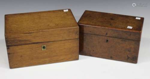 A late Victorian oak medicine box, the hinged lid enclosing various glass bottles, width 28cm,